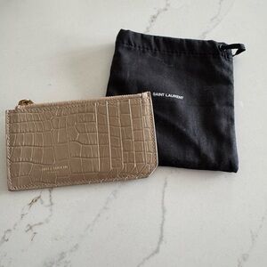Saint Laurent Taupe Croc-Embossed Card Zip Pouch with Gold Hardware